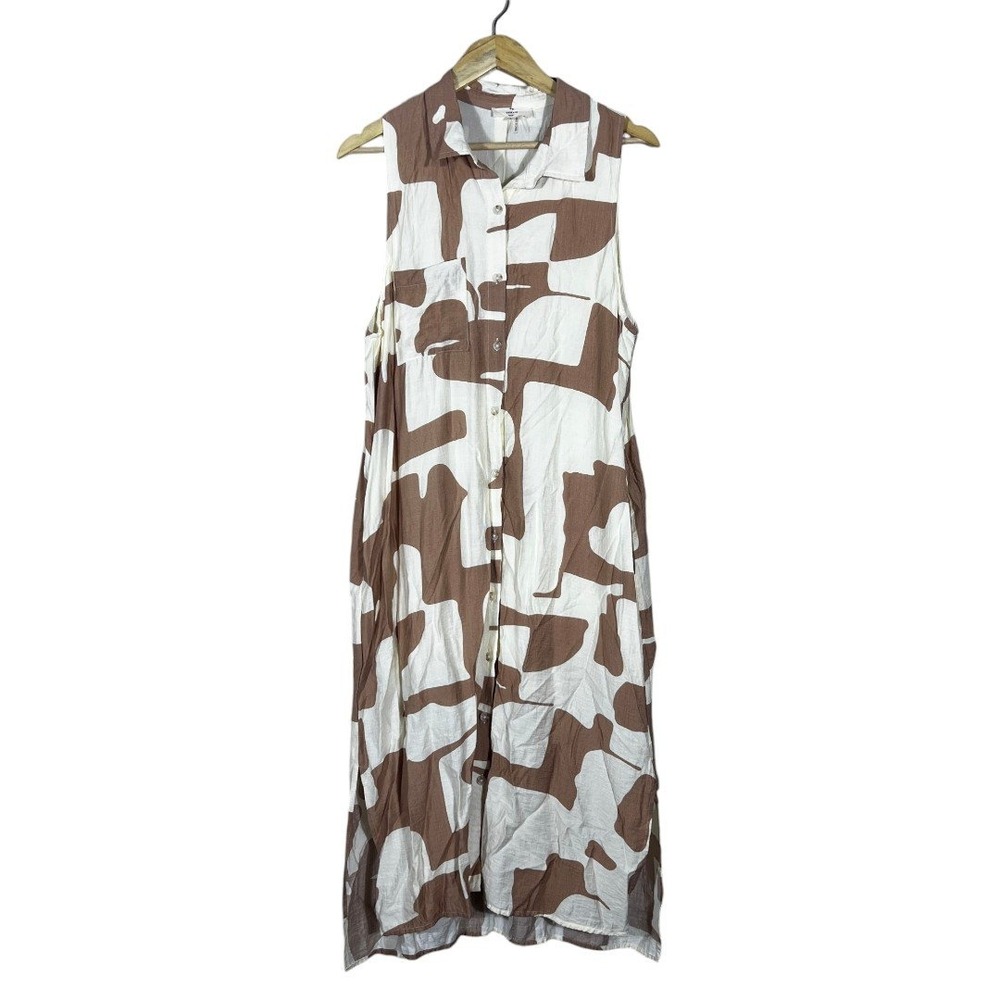 Entro Abstract Geometric Sleeveless Button Front Midi Shirt Dress Brown Size L